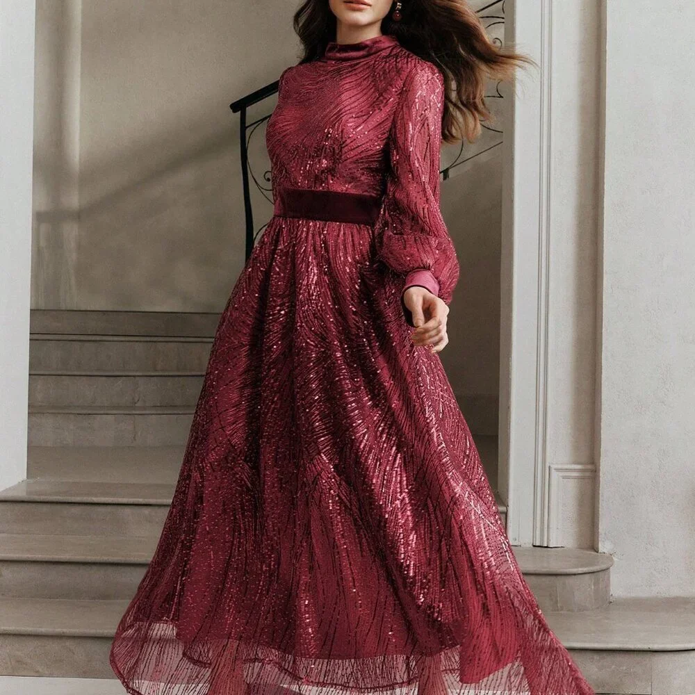 Burgundy Elegant Women's Sequin Velvet Patchwork Waist Dress